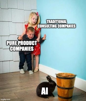 Two children scared of a cute rabbit (meme) Children are labeled Pure product comapnies and traditional consulting companies. Rabbit is labeled AI.