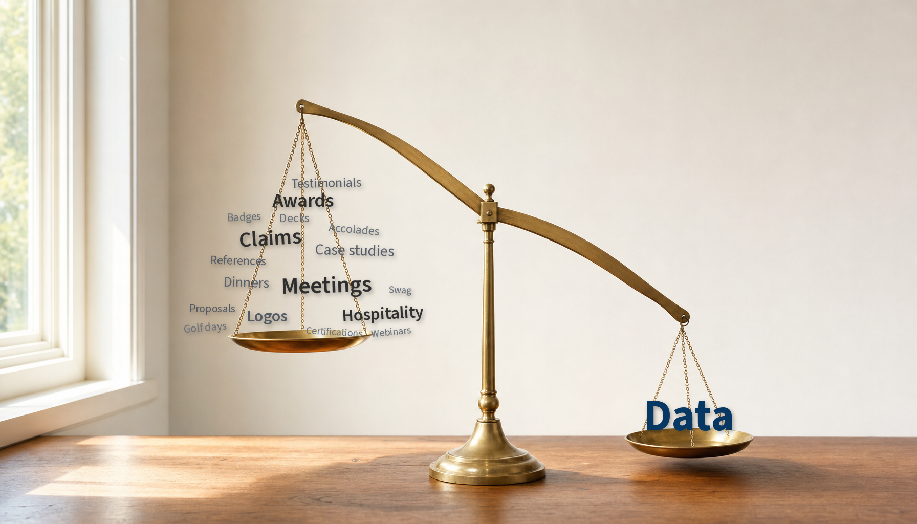 A brass balance scale. The raised pan is heaped with words including Meetings, Claims, Awards and Hospitality. The lowered pan holds the single word Data.