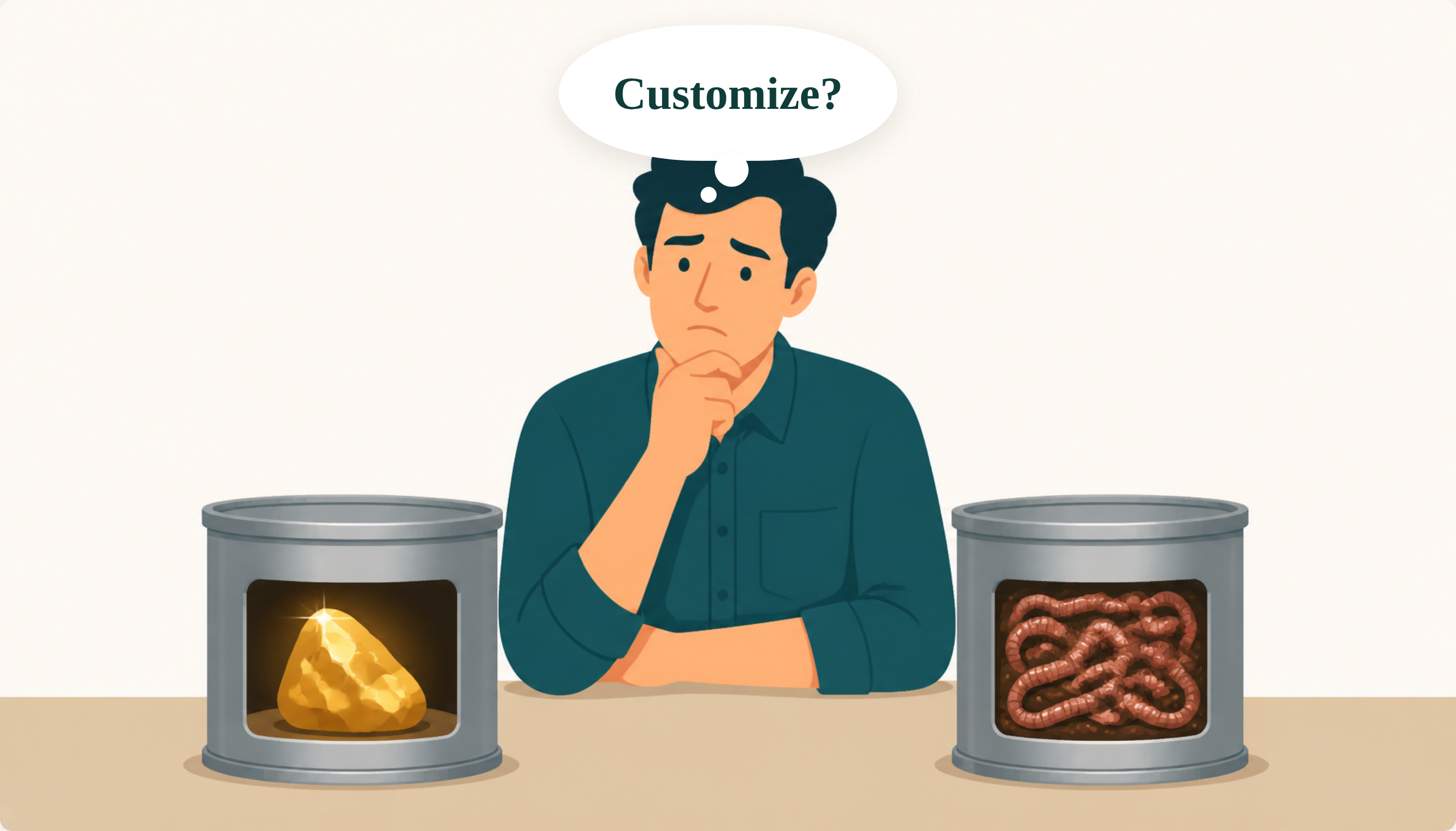 A person deciding between two cans, one holding a gold nugget and one holding worms, with a thought bubble reading Customize?